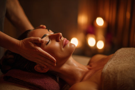 A woman enjoys a soothing facial treatment in a tranquil spa setting filled with warm lighting. The therapist gently applies pressure to her forehead, enhancing relaxation and peace.の素材