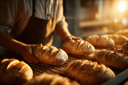 A skilled baker carefully transfers freshly baked loaves of bread from the oven to a cooling rack in a cozy bakery. The warm light gives a golden hue to the scene, indicating early morning.の素材