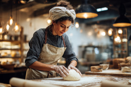 A woman in a cozy bakery works diligently on kneading dough. The scene is filled with warm light, showcasing her focus and passion for baking. Flour dusts the wooden table around her.の素材
