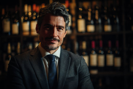 A stylish man stands with a confident smile, dressed in formal attire. Behind him, shelves filled with various wine bottles create a sophisticated atmosphere.の素材