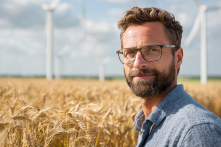 A man stands in a golden wheat field on a sunny day. Wind turbines are visible in the distance against a blue sky. He has a beard and glasses, smiling peacefully.の素材