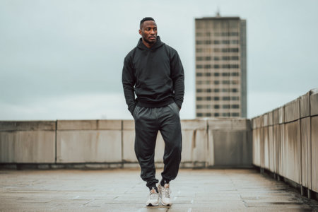 A man wearing a black hoodie and gray sweatpants stands confidently on a rooftop. He looks relaxed as he enjoys the view of the cloudy city skyline.の素材