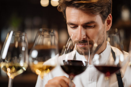 A sommelier carefully inspects various wine glasses filled with red and white wines, focusing on the aromas and colors in a warm restaurant atmosphere during the evening.の素材