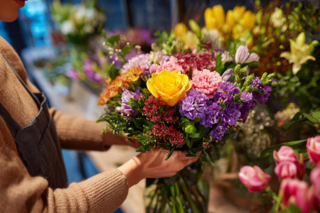 A person is carefully arranging a colorful bouquet of flowers in a busy florist shop. The space is filled with an array of vibrant flowers, creating a lively atmosphere.の素材