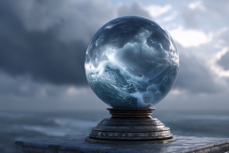 A crystal orb rests on a stone pedestal, showcasing a tempestuous storm within its clear surface. Dark clouds loom overhead as powerful waves crash inside the orb.の素材