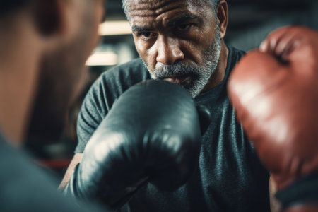 Two boxers engage in a focused training session inside a gym, emphasizing skill and technique while sparring with each other.の素材