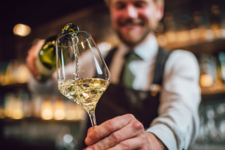 A bartender with a friendly smile pours white wine into a glass at a vibrant bar filled with glowing lights. Guests enjoy drinks in the background.の素材
