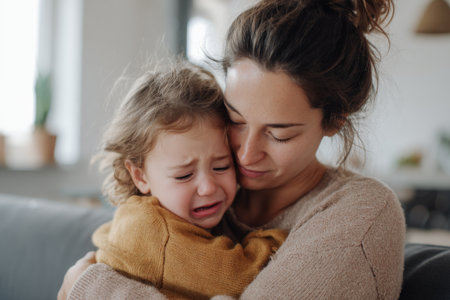 A mother embraces her upset child in a warm living room. The child is crying while the mother offers comfort and support. Sunlight fills the room, creating a peaceful atmosphere.の素材