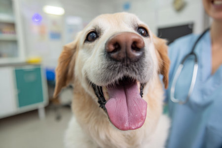 A friendly dog with a big smile is at the animal clinic for a check-up. A staff member is nearby, creating a positive and caring atmosphere during the visit.の素材