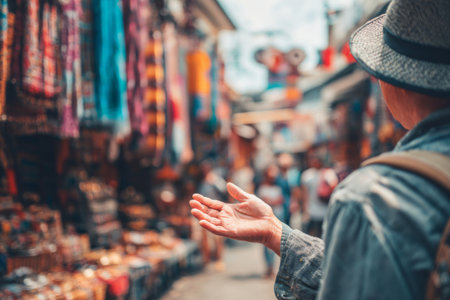 A person stands in a lively market, gesturing towards rows of colorful textiles and goods. Shoppers navigate the bustling atmosphere on a bright day.の素材