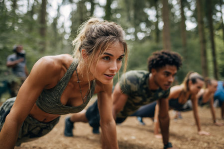 A group of friends participates in a morning workout in a lush forest, performing push-ups on the ground. They are focused and energetic, enjoying the fresh air and camaraderie.の素材