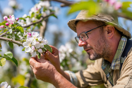 In a sunny orchard, a gardener carefully inspects apple blossoms on a tree branch. The bright flowers bloom in spring, showing natures beauty. The scene reflects a peaceful day.の素材