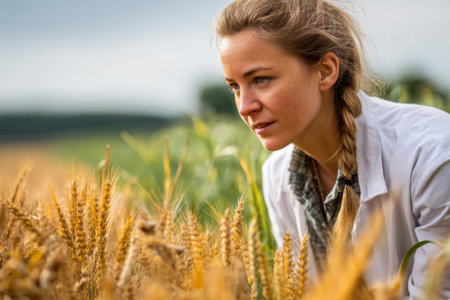 A young agricultural expert in a white coat inspects healthy golden wheat crops in a rural field under a bright sky. The scene captures her deep focus on the plants.の素材