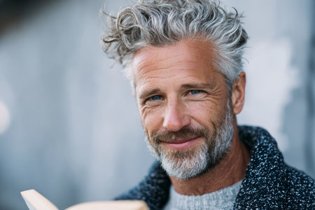 A man with salt-and-pepper hair and a warm smile enjoys holding a book. The soft natural light highlights his friendly expression, creating a calm and inviting atmosphere.の素材