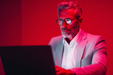 A professional man in a suit is focused on his laptop screen, illuminated by red ambient light in a modern office setting during the evening.の素材