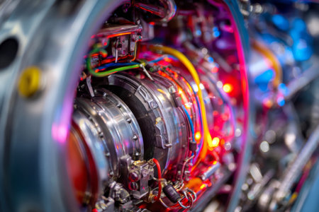 This scene features intricate machinery with vivid lighting, including numerous wires and mechanical parts. It reflects high-tech engineering brilliance in a workshop setting.の素材