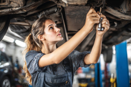 A woman is working on a car in an auto shop. She is using tools to repair the vehicle while paying close attention to her task in a bright and organized workshop.の素材