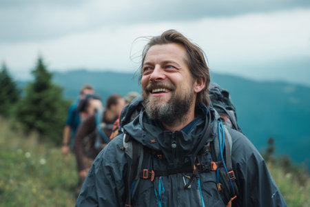 A group of hikers walks along a mountain surrounded trail by green hills and cloudy skies, sharing smiles and enjoying the beauty of nature on their journey.の素材