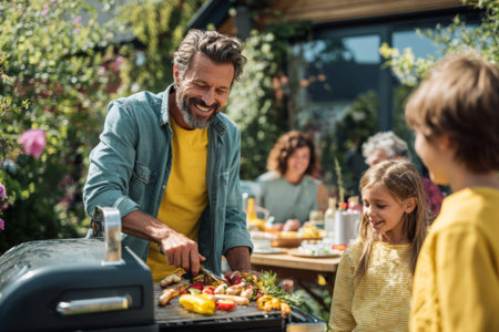 A joyful family gathers in a bright garden setting for a barbecue. A man cooks on a grill while children watch excitedly, surrounded by lush greenery and flowers.の素材