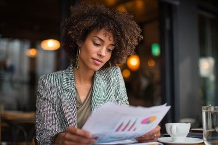 A professional woman with curly hair is focused on reviewing charts and reports at a cafe. She enjoys a cup of coffee while surrounded by a cozy atmosphere and warm lighting.の素材
