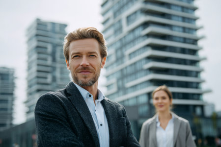 Two business professionals stand in an urban area featuring modern architecture. The man, dressed in a suit, smiles confidently, while the woman appears slightly behind him.の素材