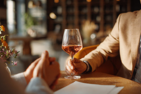 Two people are seated at a table in a cozy restaurant, sharing a moment over drinks. One person holds a glass of rose wine, while the other looks on attentively.の素材