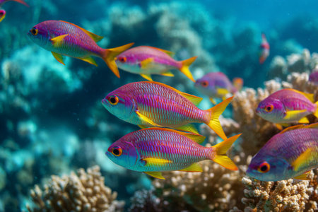 Vibrant tropical fish with pink and yellow hues swim gracefully among coral in clear blue water. The scene captures the beauty of marine life and the coral reef ecosystem during daylight.の素材