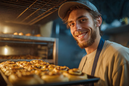 A young man stands proudly in a bakery kitchen, pulling a tray of freshly baked pastries from the oven. The warm glow highlights his cheerful expression as he shares his love for baking.の素材