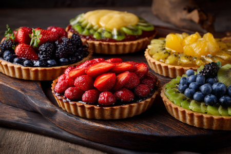 Five delicious fruit tarts are displayed on a rustic wooden board. Each tart features a vibrant topping of fresh berries and tropical fruits. The scene captures a tempting dessert arrangement.の素材