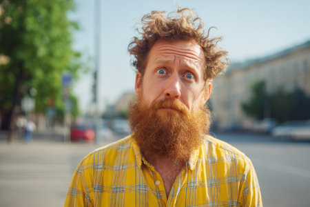 A man with a curly beard and blue eyes looks curiously at the camera while standing on a bustling street under clear skies. Bright sunshine highlights his yellow shirt.の素材