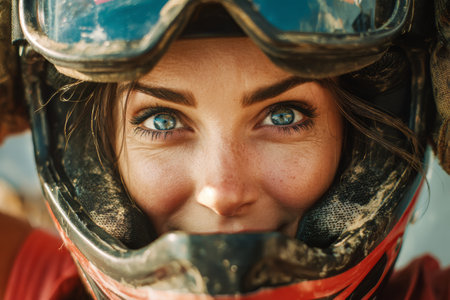 A woman wearing a helmet and goggles smiles warmly as she gets ready for a motorcycle ride. Dust and dirt are visible on her face, showing her adventurous spirit and excitement.の素材