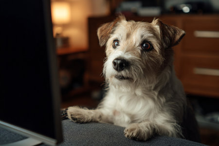 A small dog sits on a couch, intently focused on a screen in a warm and inviting living room. Soft light from a lamp creates a cozy atmosphere in the evening.の素材