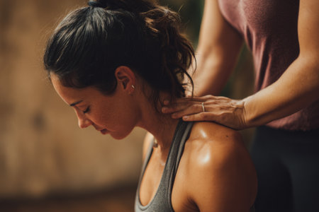 A woman receives a relaxing shoulder massage from a therapist in a serene indoor environment. The warm tones create a tranquil atmosphere, promoting wellness and stress relief.の素材