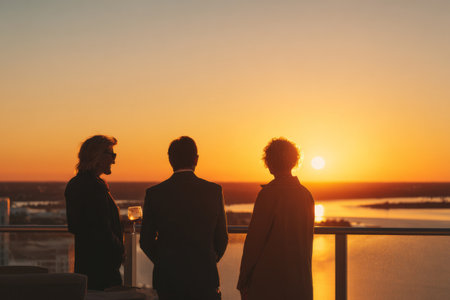 Three friends stand together on a balcony, watching the sunset over a city skyline and river. They appear and relaxed enjoy the beautiful evening light.の素材