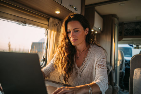 A young woman sits at a table in a camper van, focused on her laptop while the warm glow of sunset fills the space around her. The scene captures a moment of productivity and tranquility.の素材