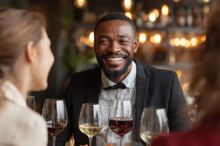 Friends gather around a table at a warm restaurant, sharing laughter and conversation while enjoying various wines. The man in a black suit smiles brightly, creating a joyful moment.の素材
