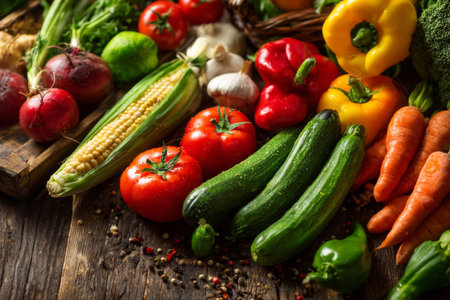 Brightly colored vegetables are spread out on a wooden table, including tomatoes, bell peppers, zucchini, and carrots, highlighting their freshness and variety.の素材