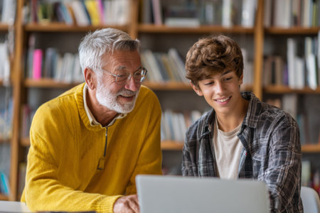 In a warm library, an elderly man and a young boy share a joyful moment together while exploring a laptop. They engage in conversation, smiling as they learn.の素材
