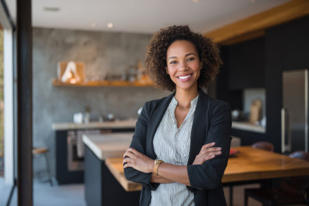 A woman with curly hair stands confidently in a stylish kitchen. She wears a blazer over a striped shirt and smiles warmly at the camera. Natural light fills the room.の素材