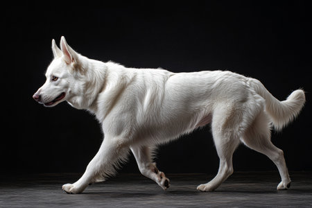 A joyful white Swiss Shepherd walks confidently in a studio. Its sleek fur stands out against the dark background while it makes eye contact, exhibiting playful energy and charm.の素材
