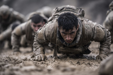 Groups of soldiers struggle through a tough training exercise, performing push-ups in muddy conditions. They are focused and determined while facing the elements and supporting each other.の素材