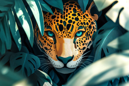 Jaguar face appears through lush tropical leaves with intricate paper-cut art style. Light and shadow create a stunning three-dimensional effect in vibrant colors.の素材