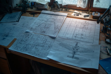 A workspace showcases various engineering blueprints meticulously laid out on a wooden desk. Natural light filters through a nearby window, illuminating the detailed technical drawings and tools.の素材