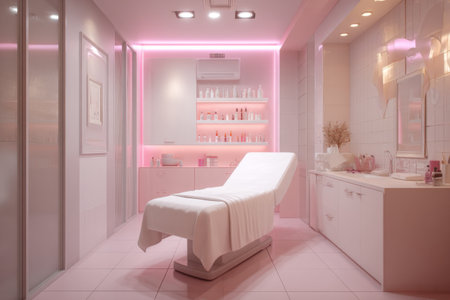 A serene spa room showcases a treatment bed draped in white linen. Soft pink ambient lighting enhances the calm atmosphere, complemented by neatly arranged skincare products on shelves.の素材