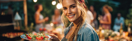 A cheerful woman with a headband presents a colorful salad at a vibrant outdoor party during the summer evening. Guests are enjoying food and drinks in the background.の素材