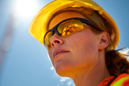 A female construction worker stands confidently wearing a yellow hard hat and sunglasses. Bright sunlight highlights her features as she oversees the work at the construction site.の素材