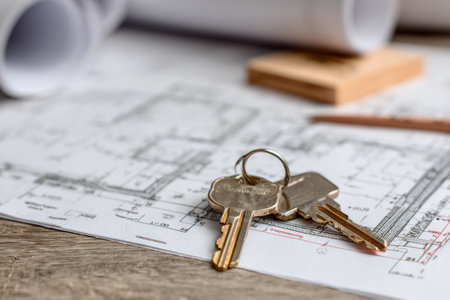 On a wooden table, blueprints are spread out alongside keys, showing the details of a construction project for a new home being planned.の素材