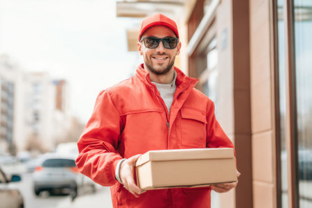 A delivery person dressed in a bright red jacket and cap stands on a city street. He holds a cardboard package and smiles happily while surrounded by buildings and parked cars.の素材
