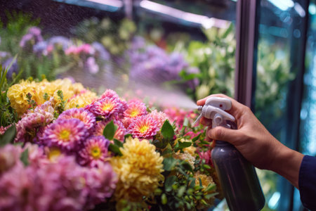 A person carefully sprays water on blooming flowers in a flower shop. The colorful arrangement features various types of blossoms, reflecting a vibrant morning routine in floral care.の素材