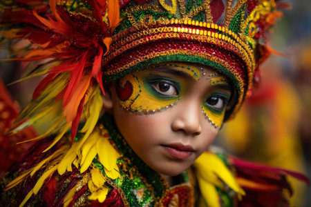 A child wears an ornate festival costume adorned with colorful feathers and intricate face paint. This captivating scene captures the spirit of a cultural celebration lively and full of joy.の素材